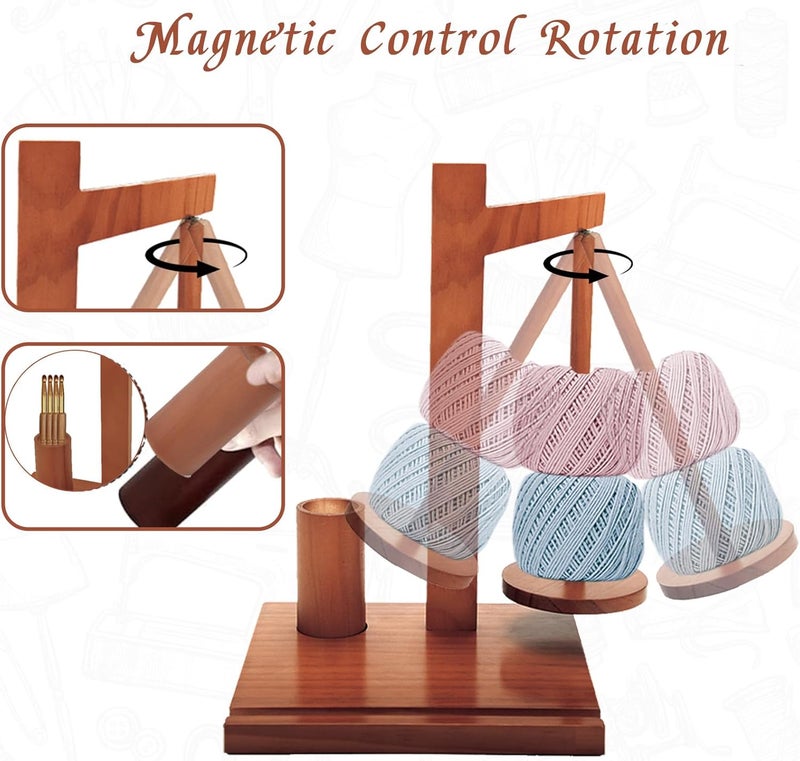 BXTubuw Yarn Holder with Magnetic Rotating & Storage Tray, Wooden Yarn Spinner for Crocheting and Knitting, Crochet Gift for Knitting Lovers Thanksgiving - Image 5